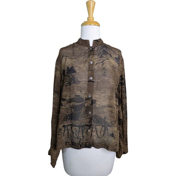 Chico's Asian Print Sheer Brown Mandarin Collar Button Calligraphy Top Small - Picture 1 of 10